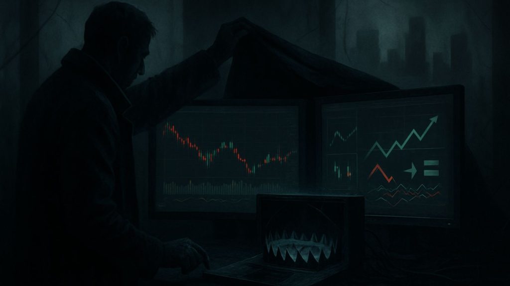 Illustration représentant un piège financier dissimulé derrière des écrans de trading et des promesses de gains automatisés