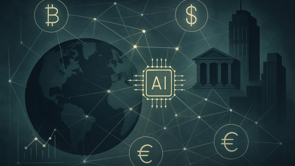 Illustration représentant l’intelligence artificielle connectée aux marchés financiers mondiaux, aux devises et aux institutions économiques