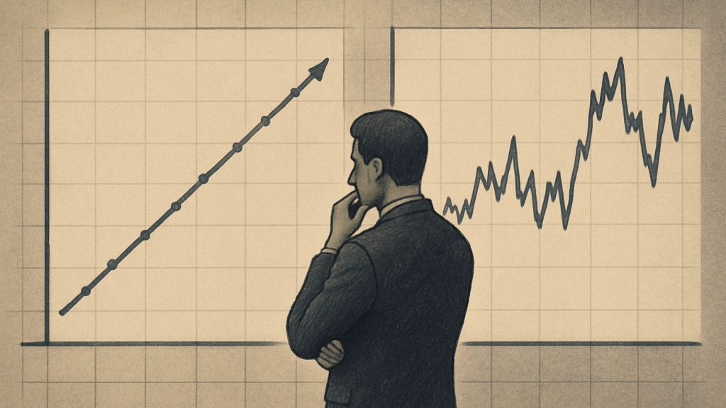 Illustration comparant une performance théorique de trading linéaire issue d’un backtest et une évolution réelle des marchés financiers plus volatile