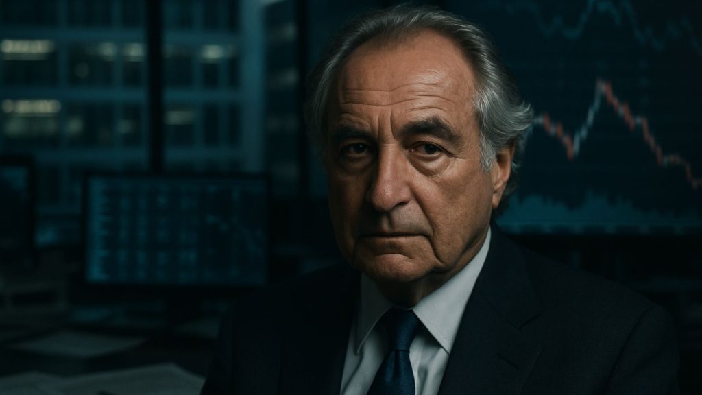 Illustration de Bernard Madoff liée au système de Ponzi et à une arnaque financière historique.