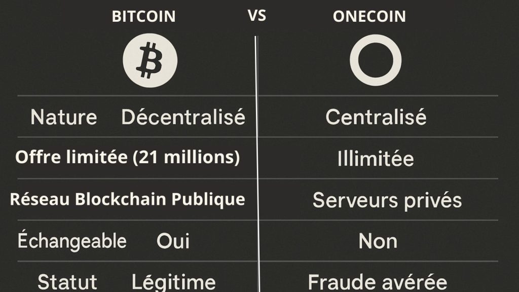 Comparaison entre Bitcoin et OneCoin montrant les différences de décentralisation, d’offre et de transparence