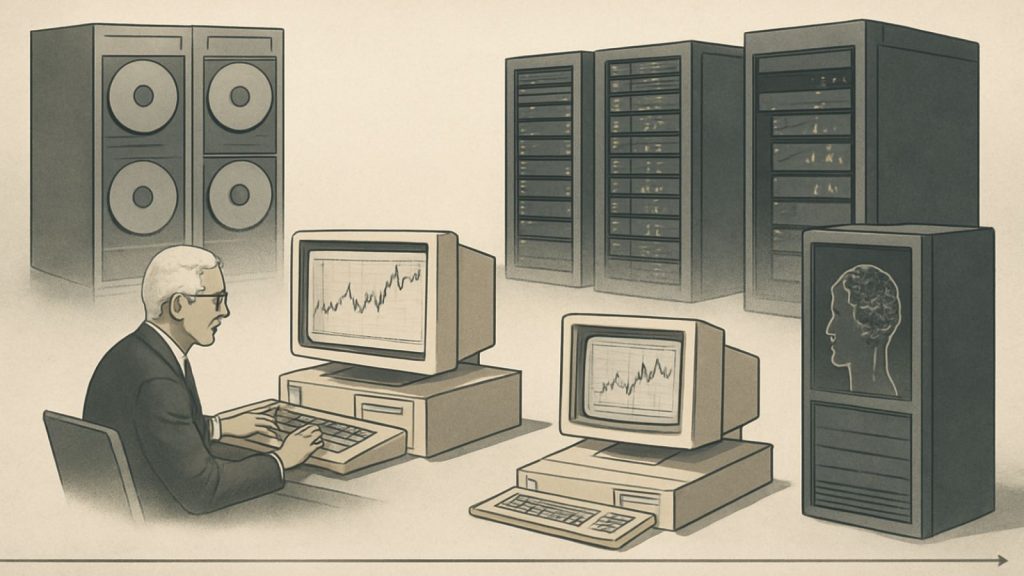 Illustration chronologique montrant l’évolution du trading algorithmique des premiers ordinateurs financiers aux systèmes modernes basés sur l’intelligence artificielle