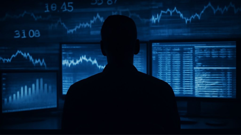 Silhouette d’un faux conseiller financier devant des écrans de trading illustrant une plateforme d’investissement frauduleuse