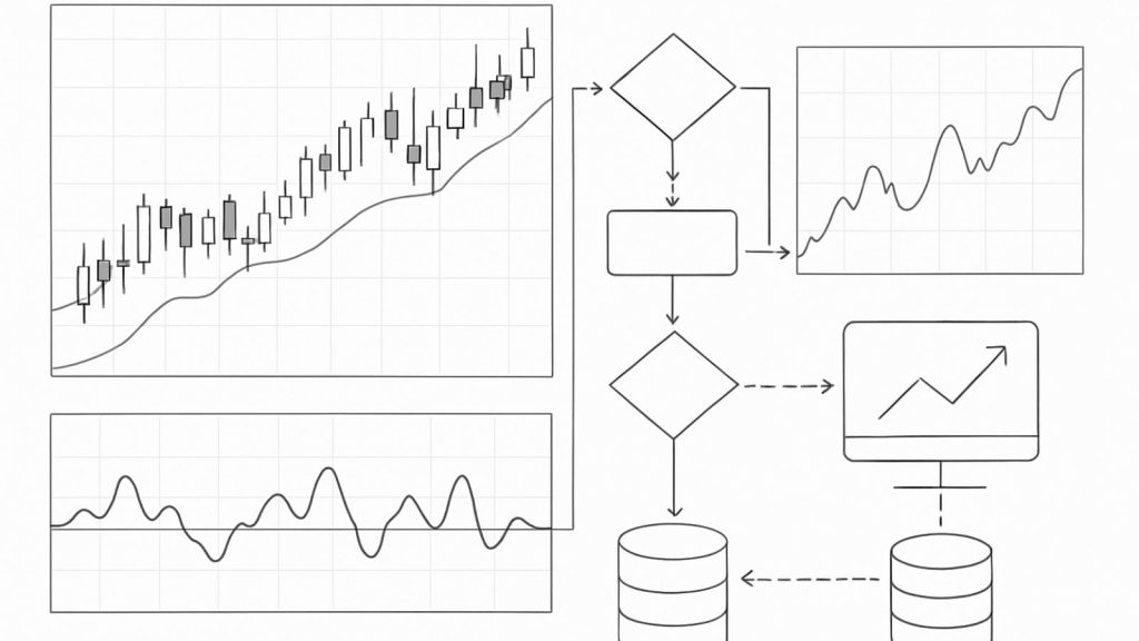 Schéma illustrant le fonctionnement d’un robot de trading automatisé utilisant des indicateurs techniques, des règles algorithmiques et des données de marché