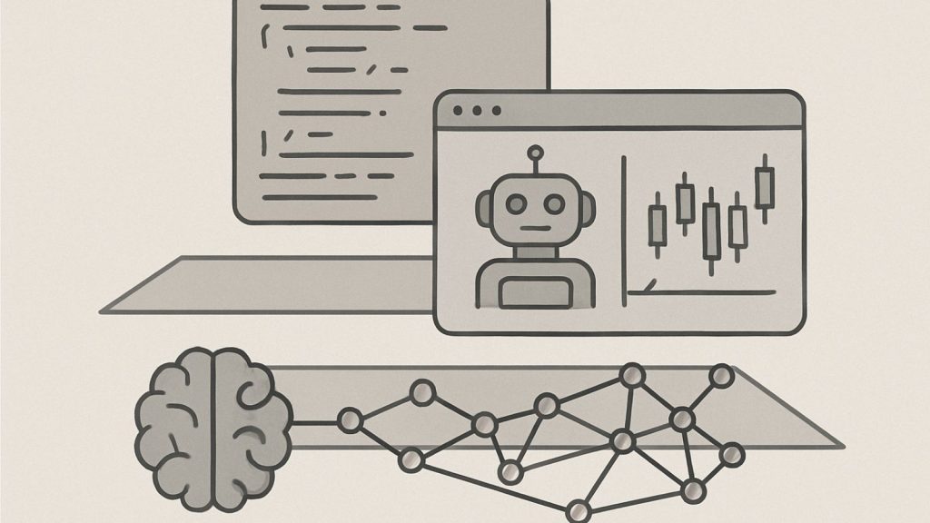 Illustration d’un robot de trading automatisé utilisant des algorithmes et des modèles d’intelligence artificielle
