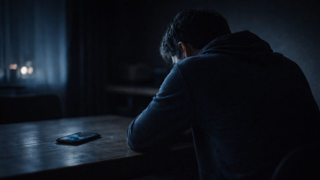 Illustration de l’isolement et du silence total d’une victime d’arnaque financière après la manipulation psychologique