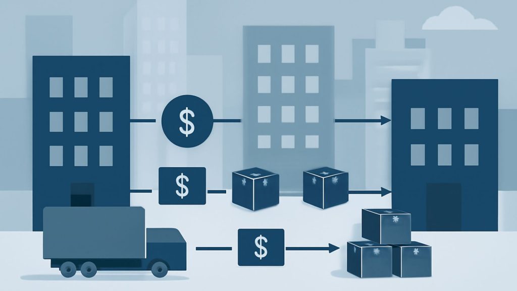 Illustration du fonctionnement du supply chain finance et de la circulation fluide des flux financiers entre entreprises et intermédiaires