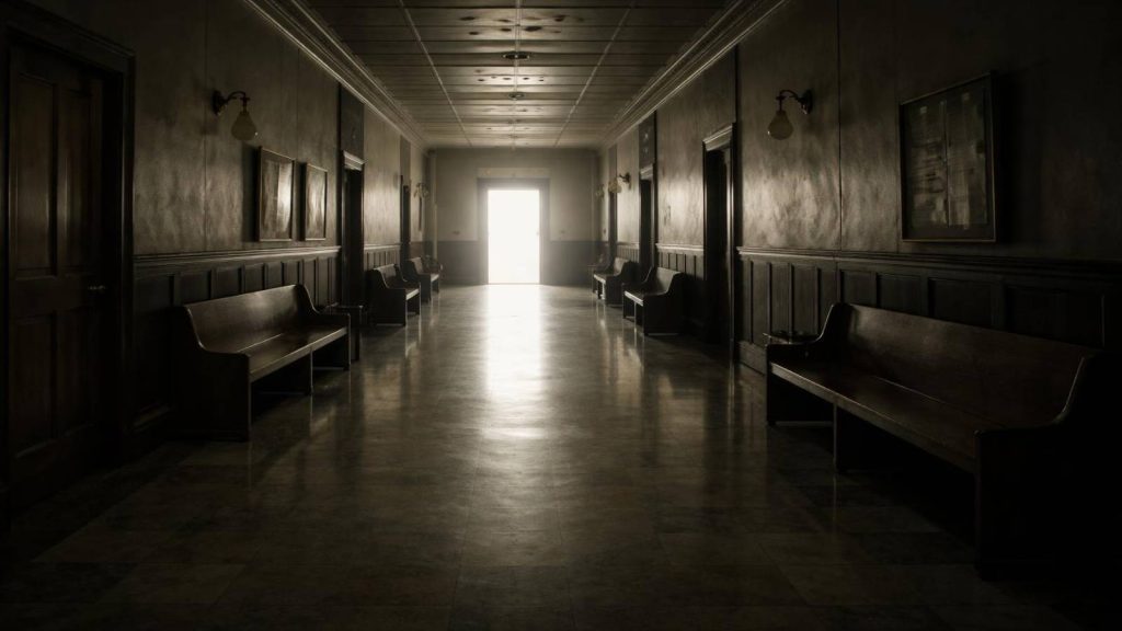 Couloir de tribunal vide illustrant l’absence de verdict pénal dans l’affaire Epstein