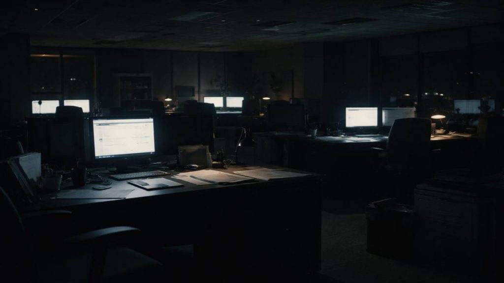 Bureau sombre évoquant des alertes internes et des documents examinés dans une banque