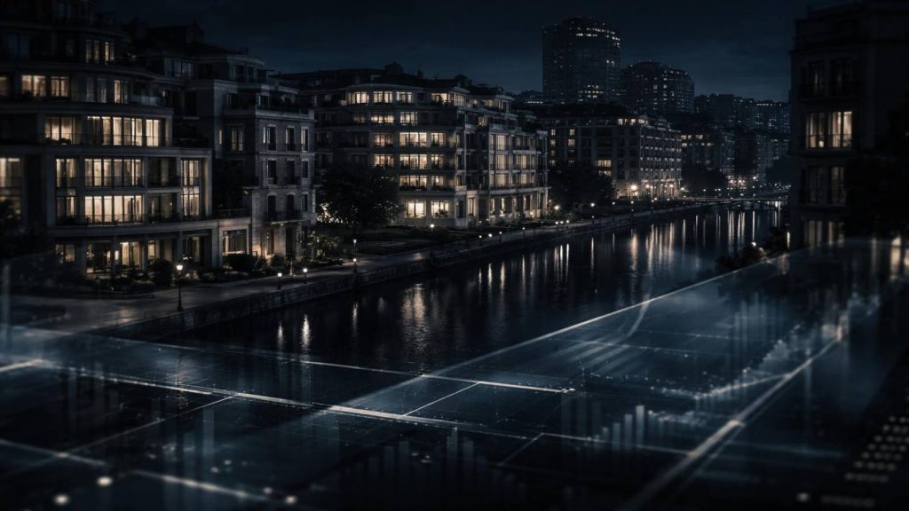 Illustration conceptuelle du blanchiment d’argent via l’immobilier de luxe en Europe, représentant des flux financiers discrets intégrés à des biens haut de gamme.