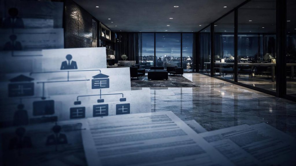 Illustration conceptuelle montrant les mécanismes juridiques du blanchiment via l’immobilier de luxe, entre sociétés écrans et montages légaux complexes.