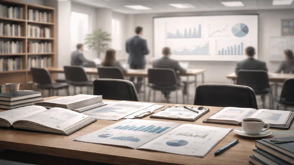 Illustration représentant une scène pédagogique illustrant une leçon durable de finance pour investisseurs et institutions