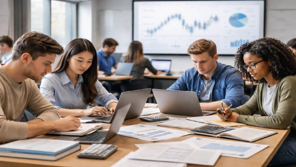 Illustration journalistique montrant des étudiants en finance étudiant un cas réel de gouvernance financière
