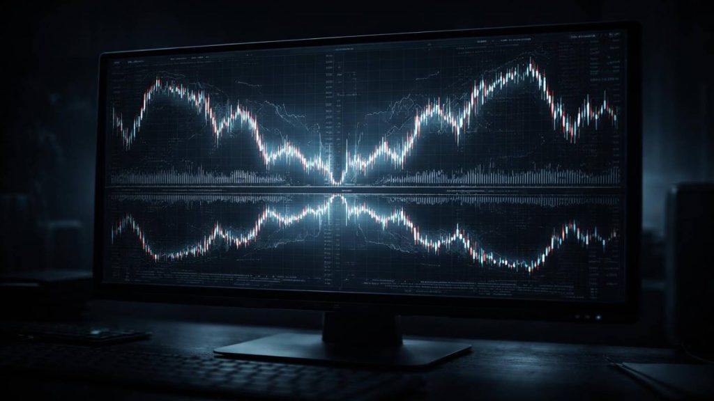 Illustration représentant un compte d’investissement fictif affichant des performances trompeuses via une interface financière simulée
