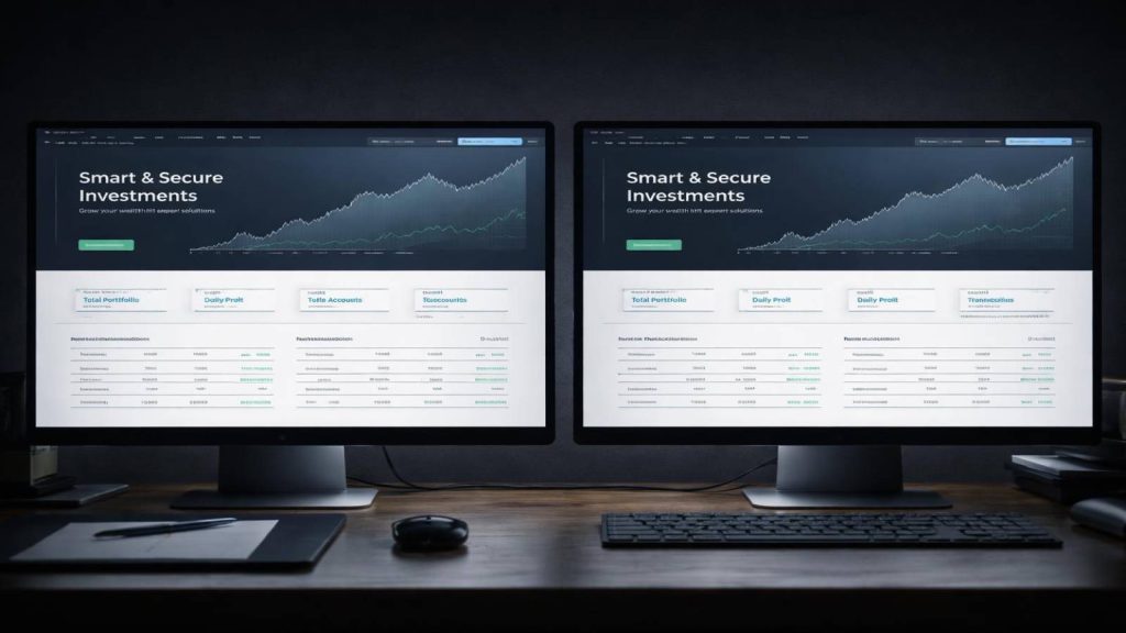 Deux sites d’investissement presque identiques illustrant le clonage visuel des plateformes frauduleuses