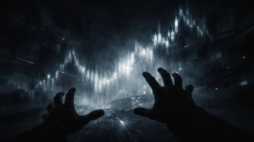 Illustration symbolique représentant les peurs et projections associées aux cryptomonnaies dans le débat public et financier.