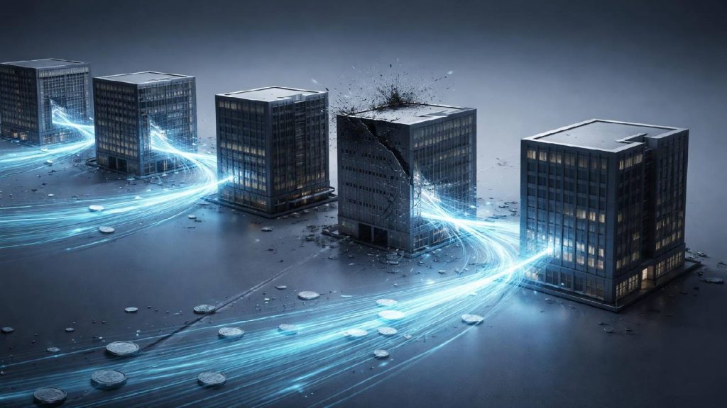 Illustration de l’effet domino financier provoqué par la défaillance d’un acteur central sur ses institutions partenaires.