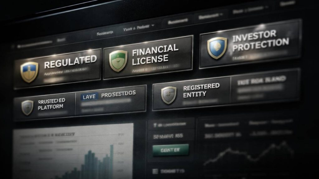 Faux agréments et références réglementaires affichés sur une plateforme d’investissement frauduleuse