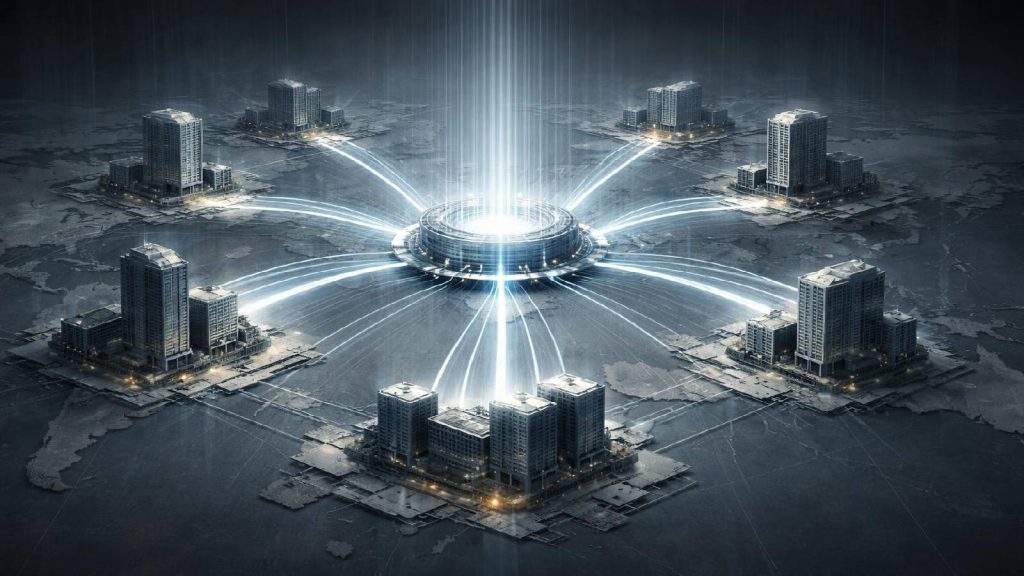 Illustration représentant une architecture mondiale de fonds nourriciers diffusant des capitaux vers un fonds maître central