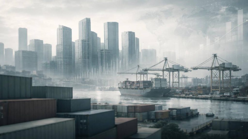 Illustration représentant la dilution des flux financiers à travers l’immobilier et le commerce international dans les mécanismes de blanchiment.