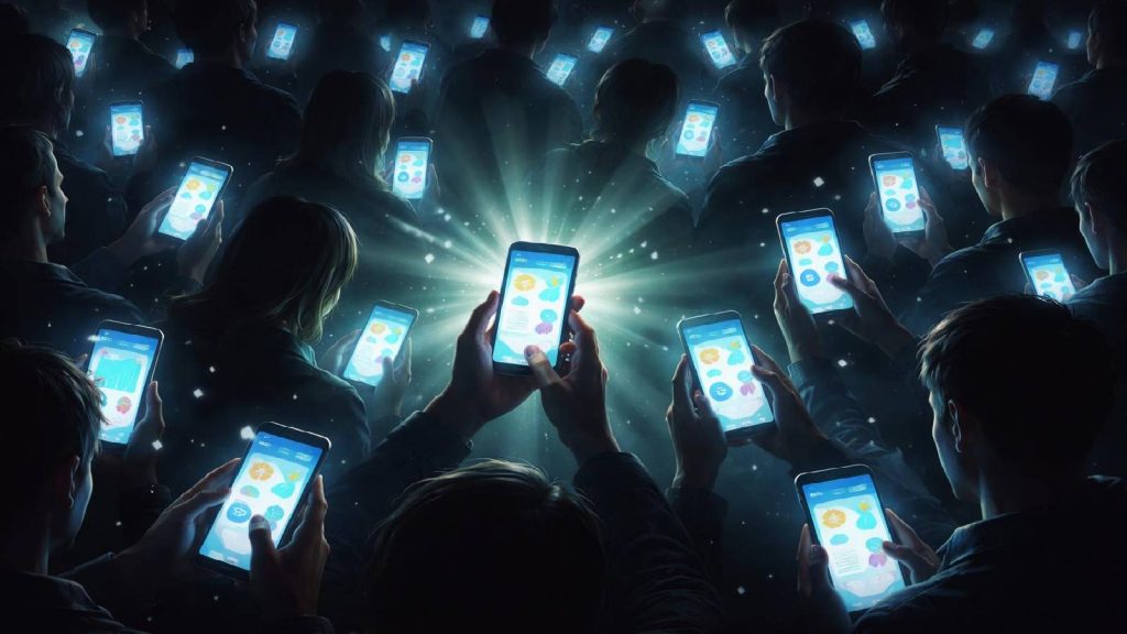 Illustration symbolique de la promotion massive de cryptomonnaies par des influenceurs et de la dilution des responsabilités