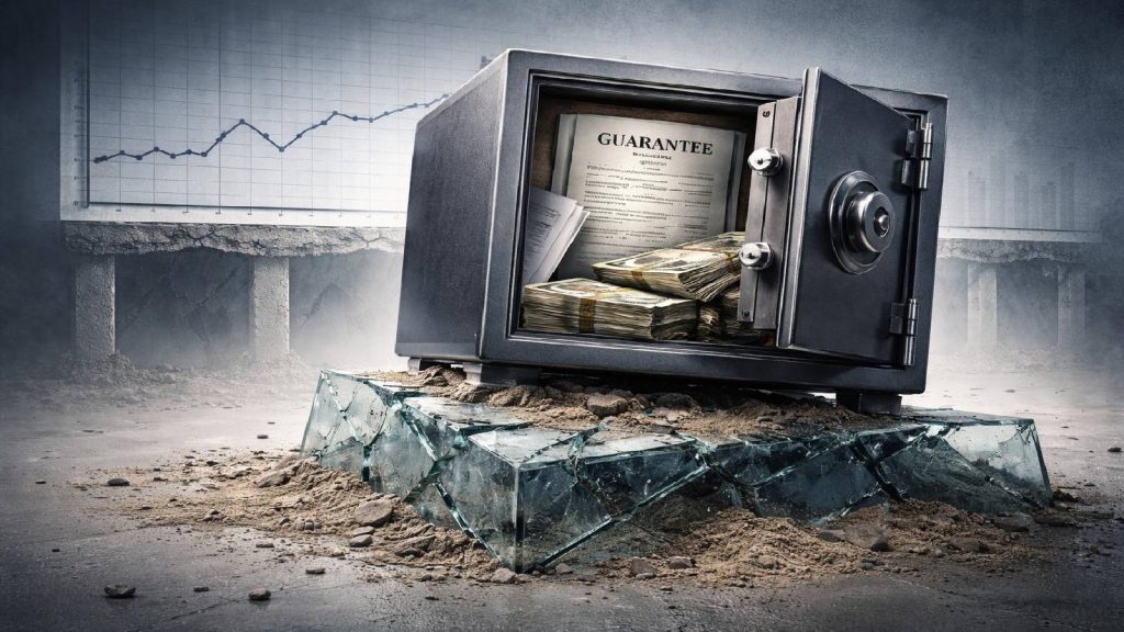 Coffre-fort symbolisant des garanties financières apparentes reposant sur des fondations fragiles