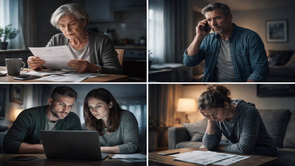 Différentes scènes d’épargnants découvrant silencieusement le blocage de leur épargne après l’effondrement de LCF