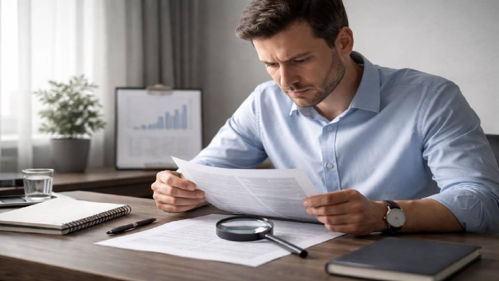 Investisseur analysant attentivement un document financier avant de prendre une décision