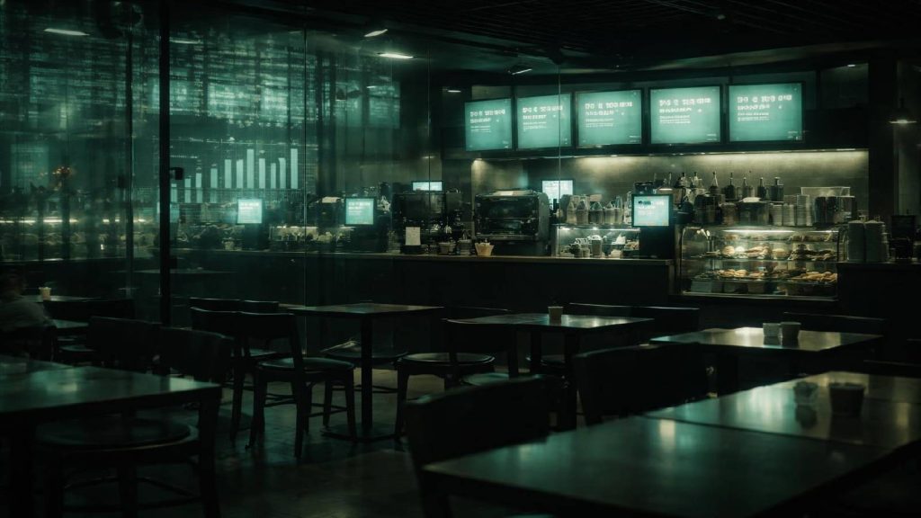 Illustration d’une affaire de fraude comptable chez Luckin Coffee, symbolisant des ventes fictives et une croissance artificielle.