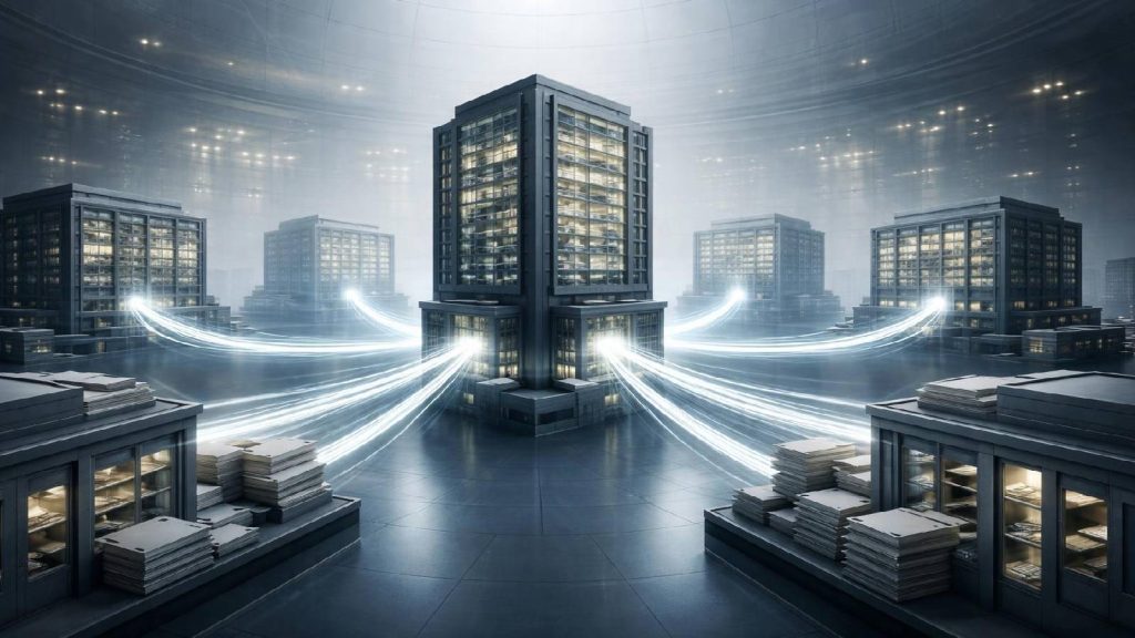 Illustration représentant une architecture de fonds nourriciers canalisant des flux financiers vers un fonds maître abstrait