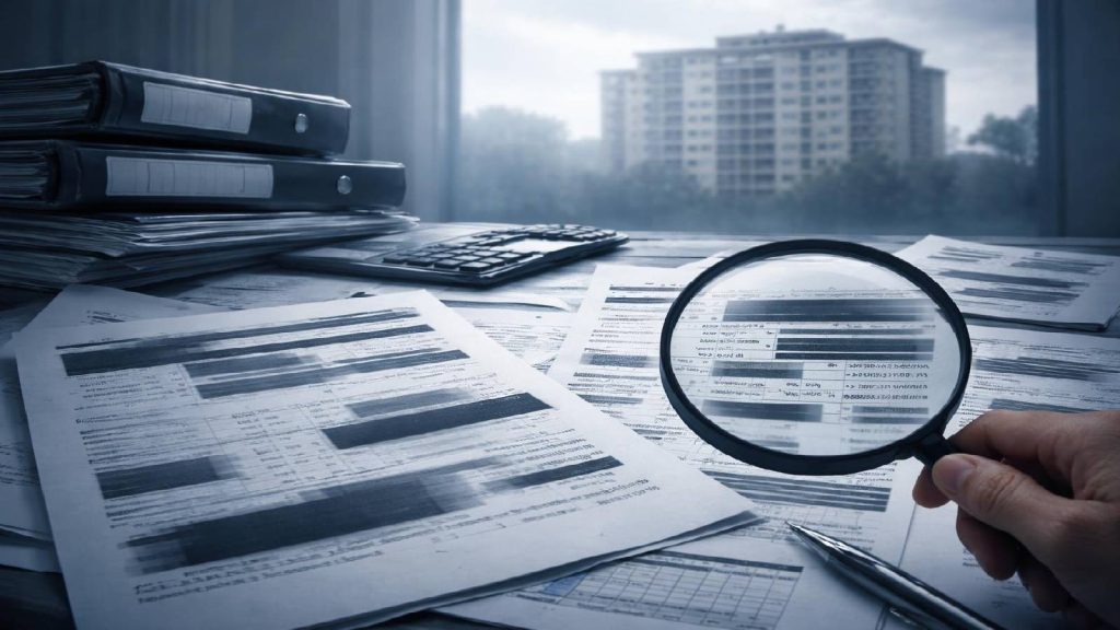 Illustration montrant un modèle d’investissement immobilier difficilement vérifiable à travers des documents financiers opaques