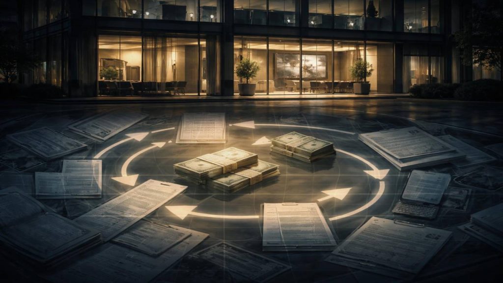 Façade professionnelle d’un groupe financier illustrant l’apparence légitime d’un modèle de financement présenté comme sans risque