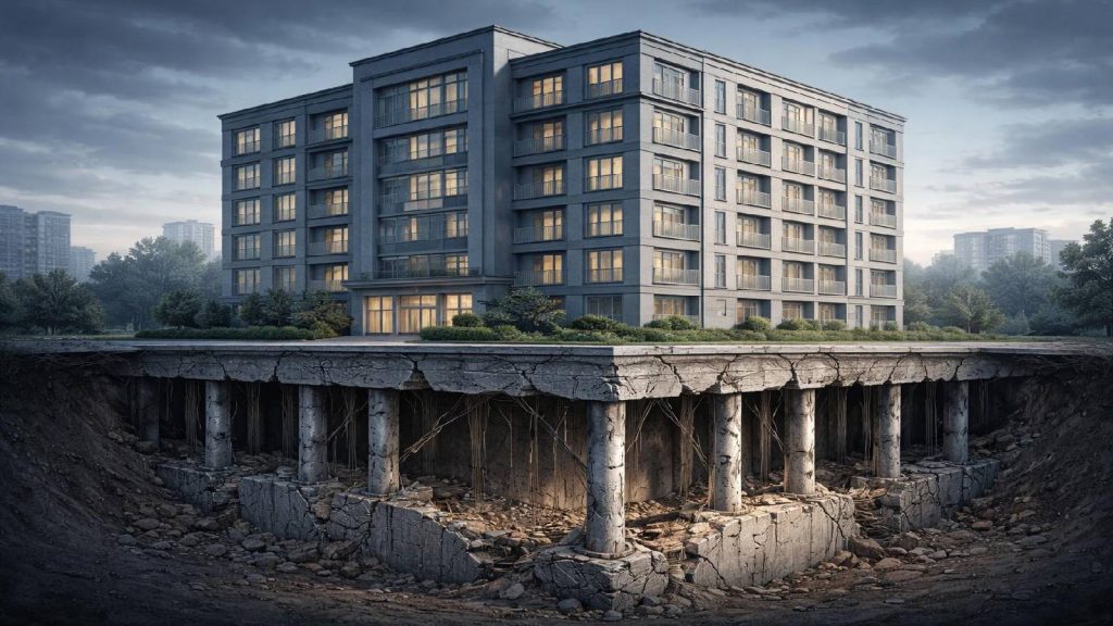 Illustration montrant une promesse de sécurité masquant des fragilités structurelles dans un investissement immobilier