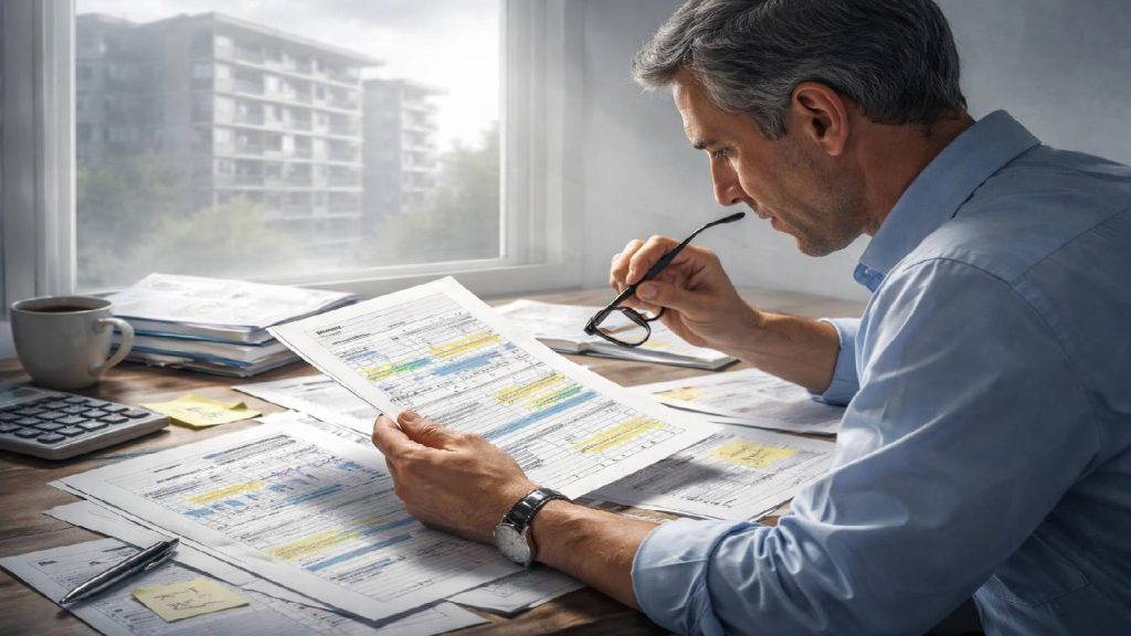 Illustration montrant une relecture a posteriori du risque dans un investissement immobilier après l’apparition de fragilités