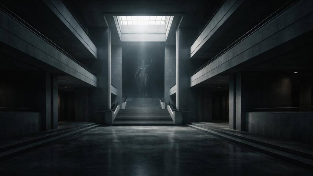 Illustration symbolique représentant le fonctionnement et les limites structurelles du système judiciaire face aux grandes affaires de blanchiment.