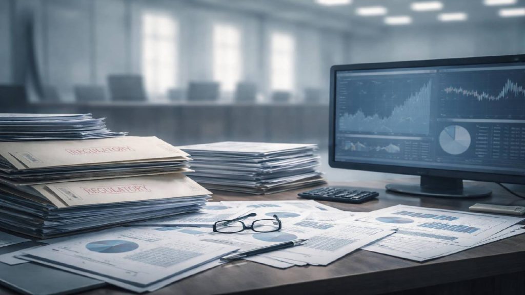 Illustration représentant une supervision financière institutionnelle distante et partiellement déconnectée des réalités opérationnelles