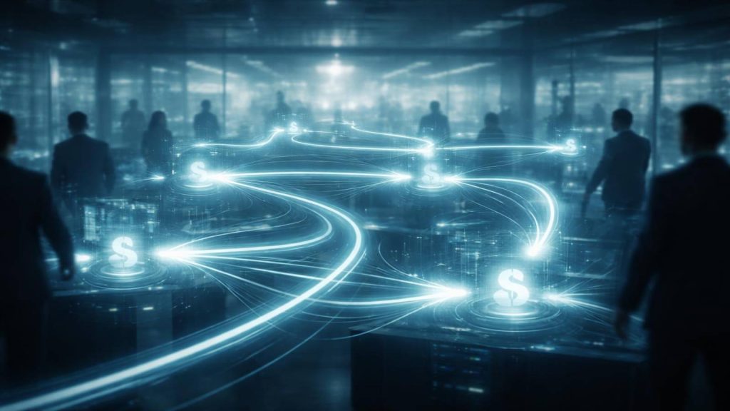 Illustration abstraite de flux financiers représentant le rôle indirect des banques