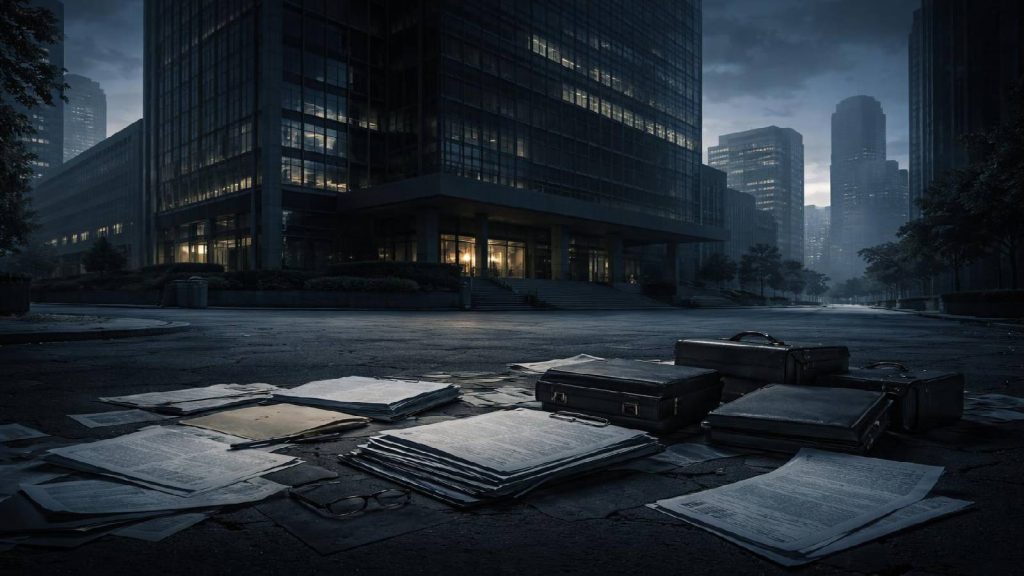 Illustration journalistique de sanctions réglementaires et de la chute d’un groupe financier international