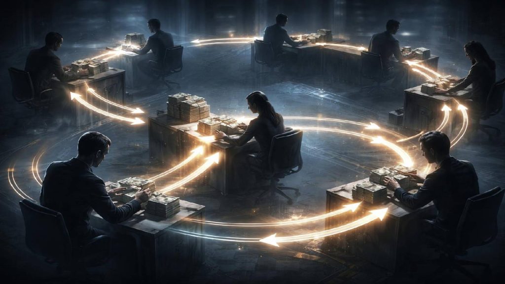Illustration montrant la circularité des flux financiers difficilement perceptible pour les participants