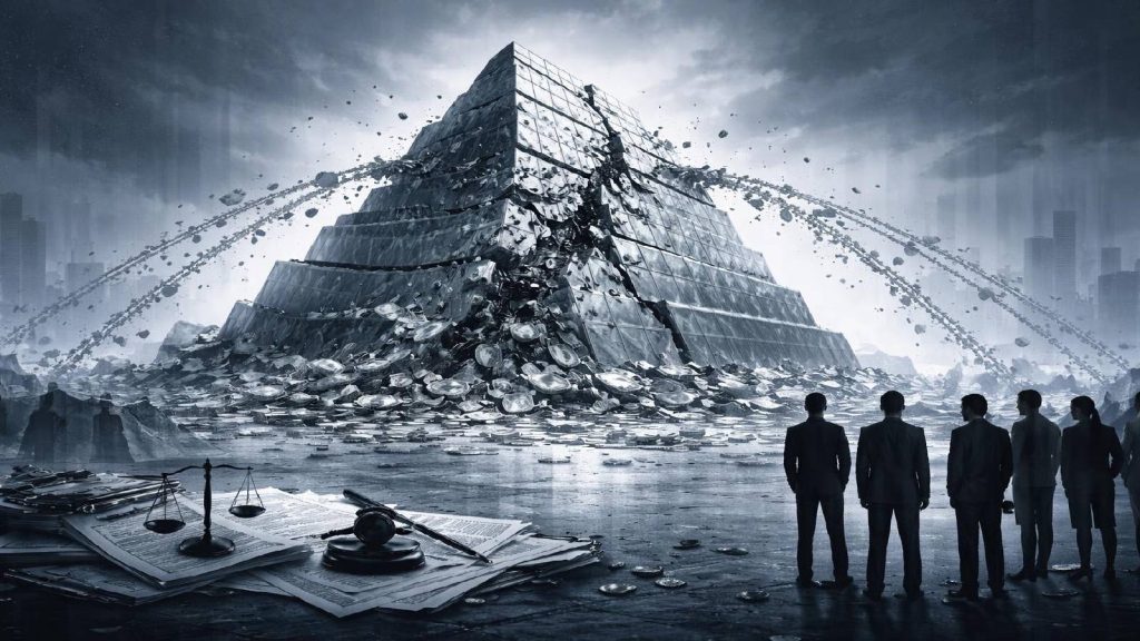 Illustration représentant l’effondrement d’un système financier et sa requalification par les autorités