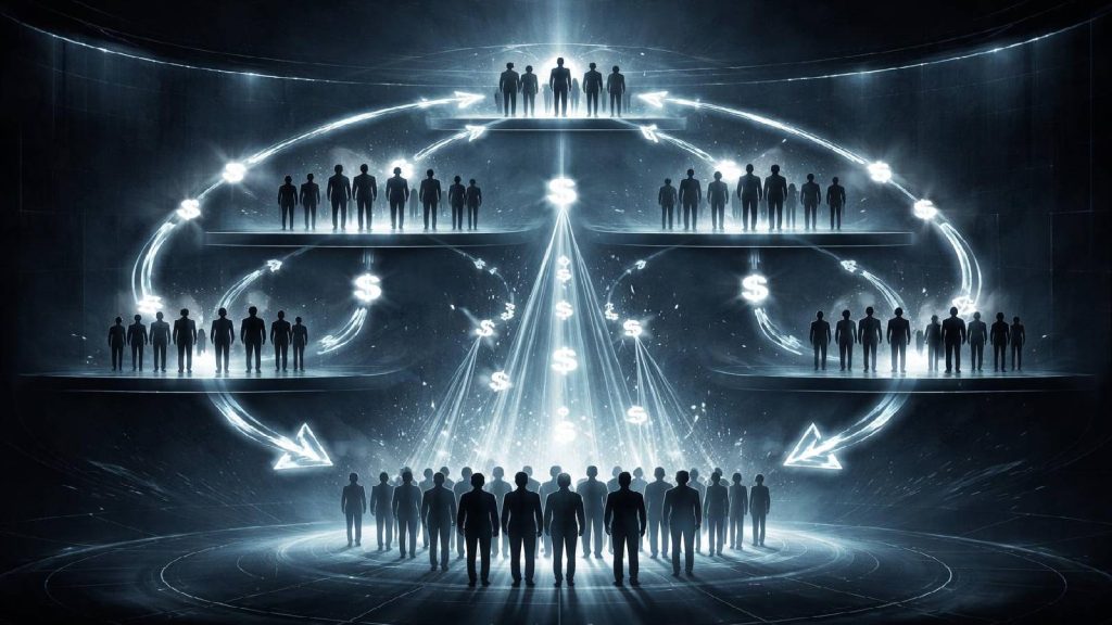 Illustration montrant des flux financiers internes dépendant de l’entrée continue de nouveaux adhérents dans un système pyramidal