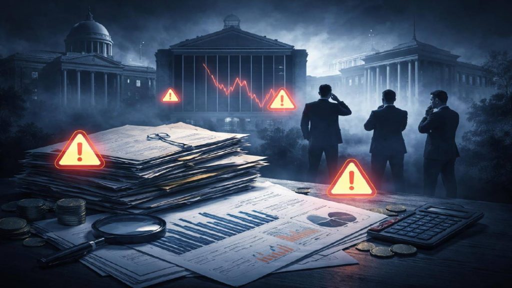 Illustration représentant des signaux d’alerte financiers et l’intervention progressive des autorités face à un modèle contesté