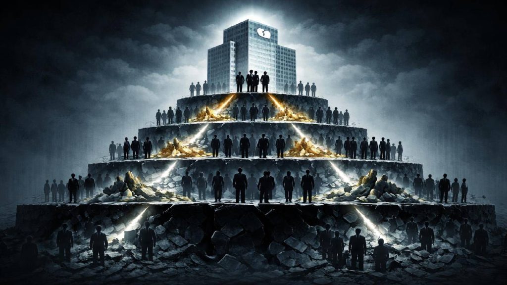 Illustration représentant un système pyramidal financier dissimulé derrière une façade d’entreprise présentée comme légale