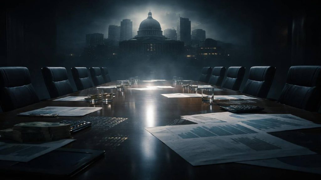 Illustration symbolique montrant comment l’argent, le pouvoir institutionnel et la crédibilité apparente ont permis au système Theranos de perdurer malgré ses failles.