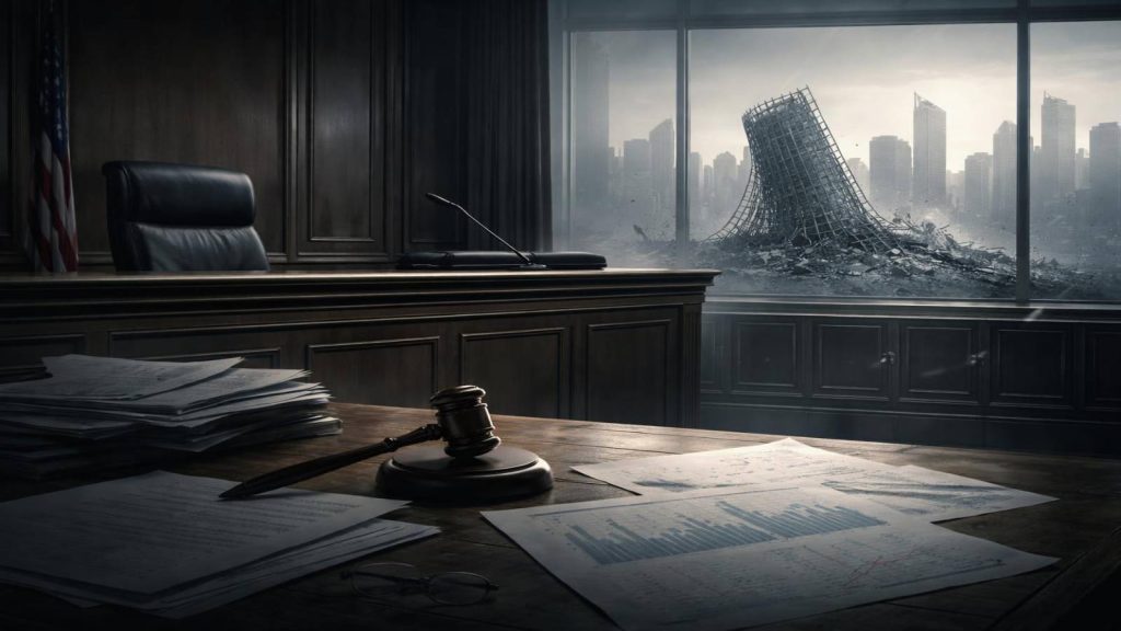 Illustration représentant la chute judiciaire de Theranos et montrant que, malgré le procès, les mécanismes systémiques à l’origine de l’affaire restent inchangés.