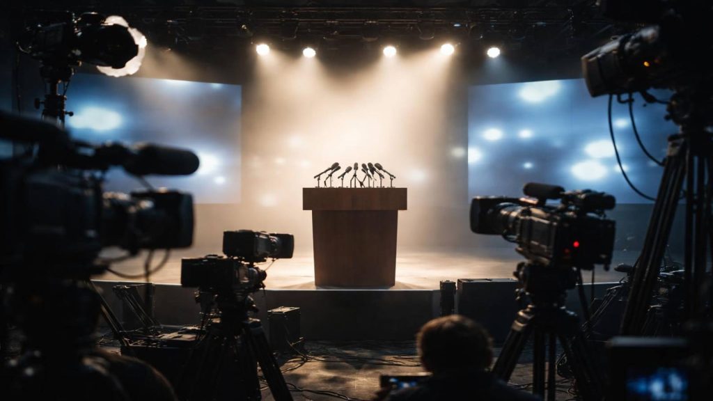 Illustration symbolique représentant la mise en scène médiatique et le storytelling maîtrisé autour de Theranos, éclipsant la réalité technologique.