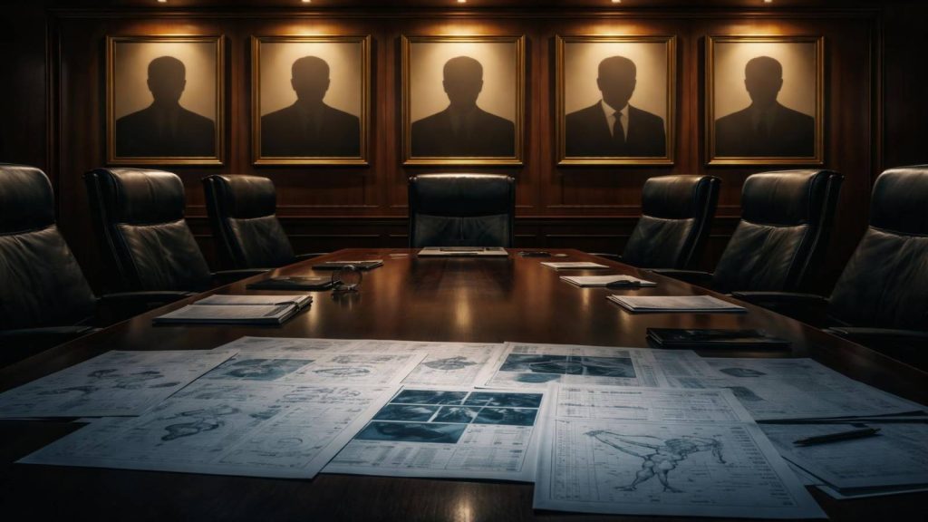 Illustration symbolique représentant des soutiens institutionnels prestigieux dépourvus d’expertise technique, contrastant avec des documents scientifiques ignorés, dans l’affaire Theranos.