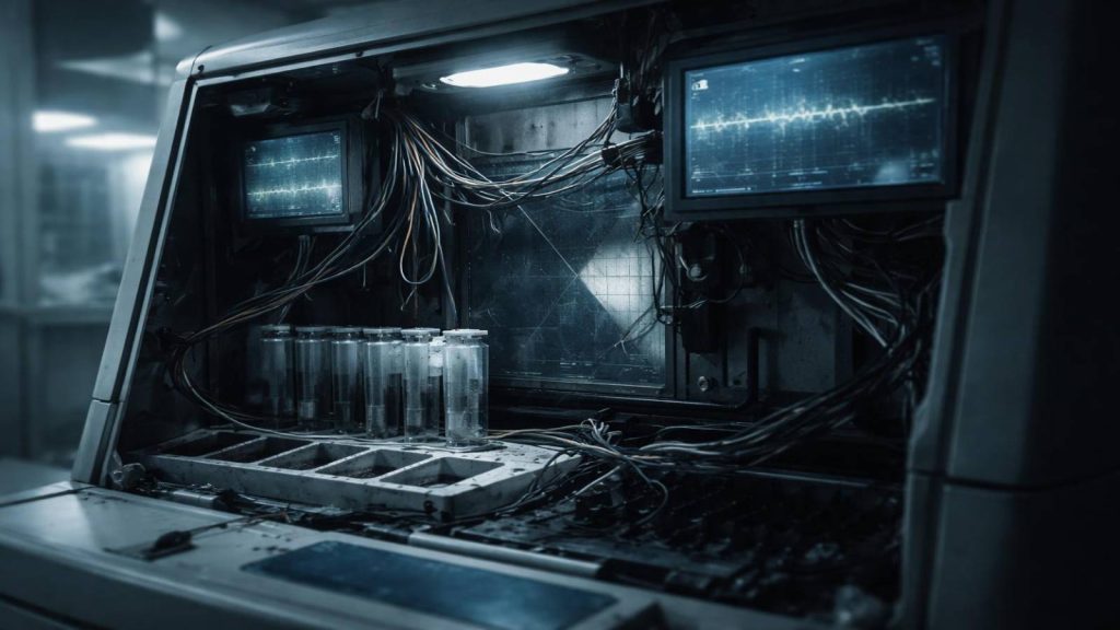 Illustration montrant une machine médicale sophistiquée dont les composants internes révèlent une technologie défaillante, symbole de l’illusion technologique de Theranos.