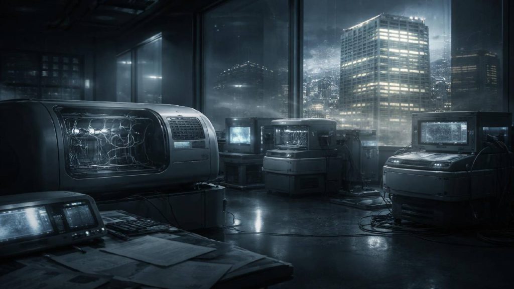 Illustration représentant une startup médicale valorisée à 9 milliards de dollars reposant sur une technologie inexistante, symbolisant l’illusion financière de Theranos.