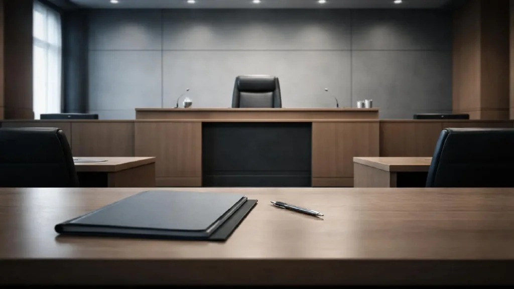 Salle d’audience moderne illustrant une action devant le tribunal judiciaire en cas de litige bancaire